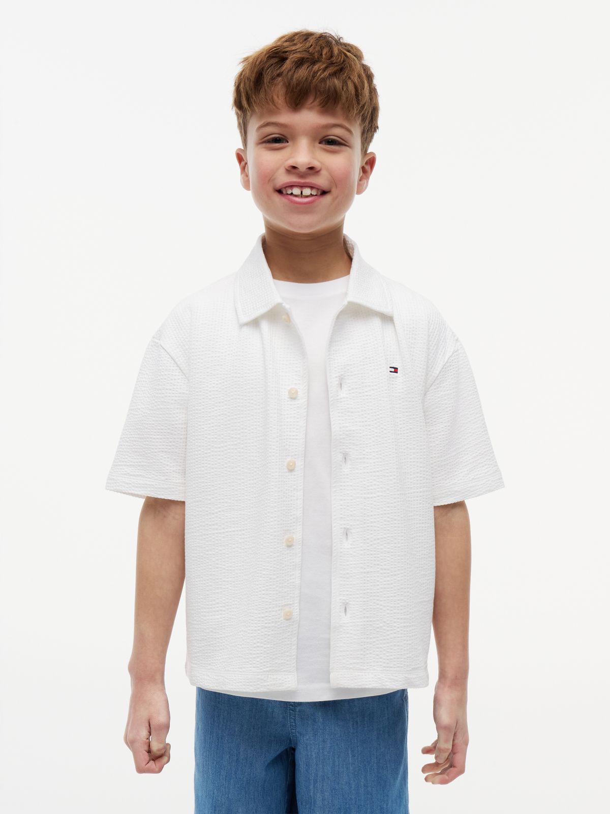 Essential Relaxed Fit Seersucker Short Sleeve Shirt — White