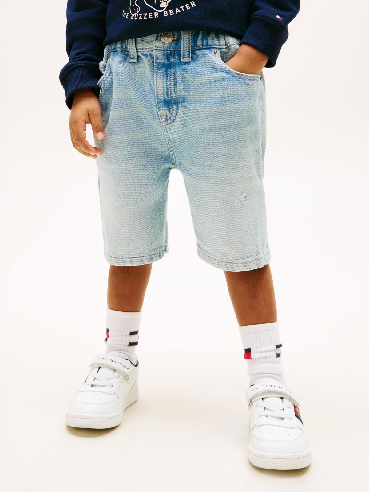 Distressed Straight Leg Denim Shorts — Blue