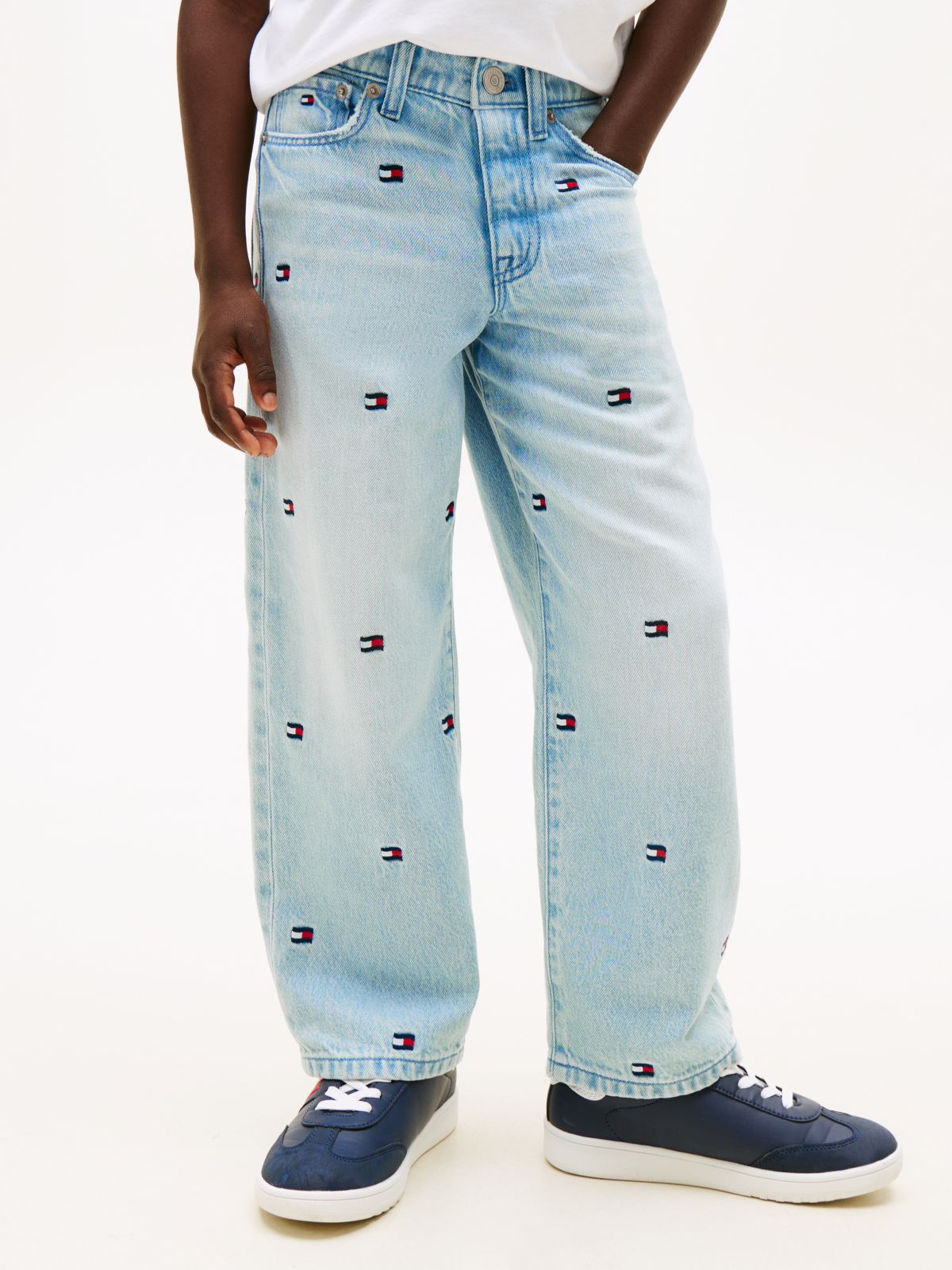 Wavy Flag Embroidery Loose Jeans — Blue