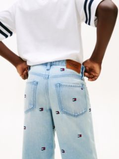 Wavy Flag Embroidery Loose Jeans — Blue 4