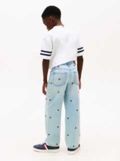 Wavy Flag Embroidery Loose Jeans — Blue 5