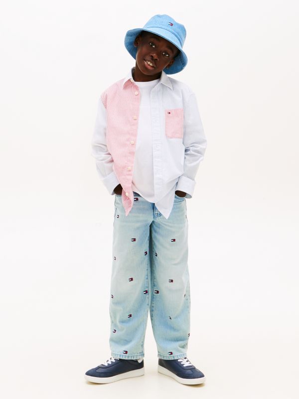Wavy Flag Embroidery Loose Jeans — Blue