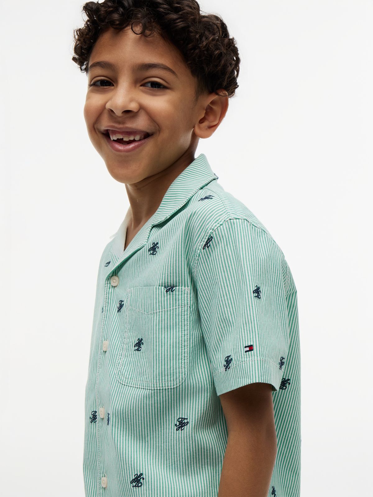 Ithaca Stripe Logo Embroidery Short Sleeve Shirt — Green