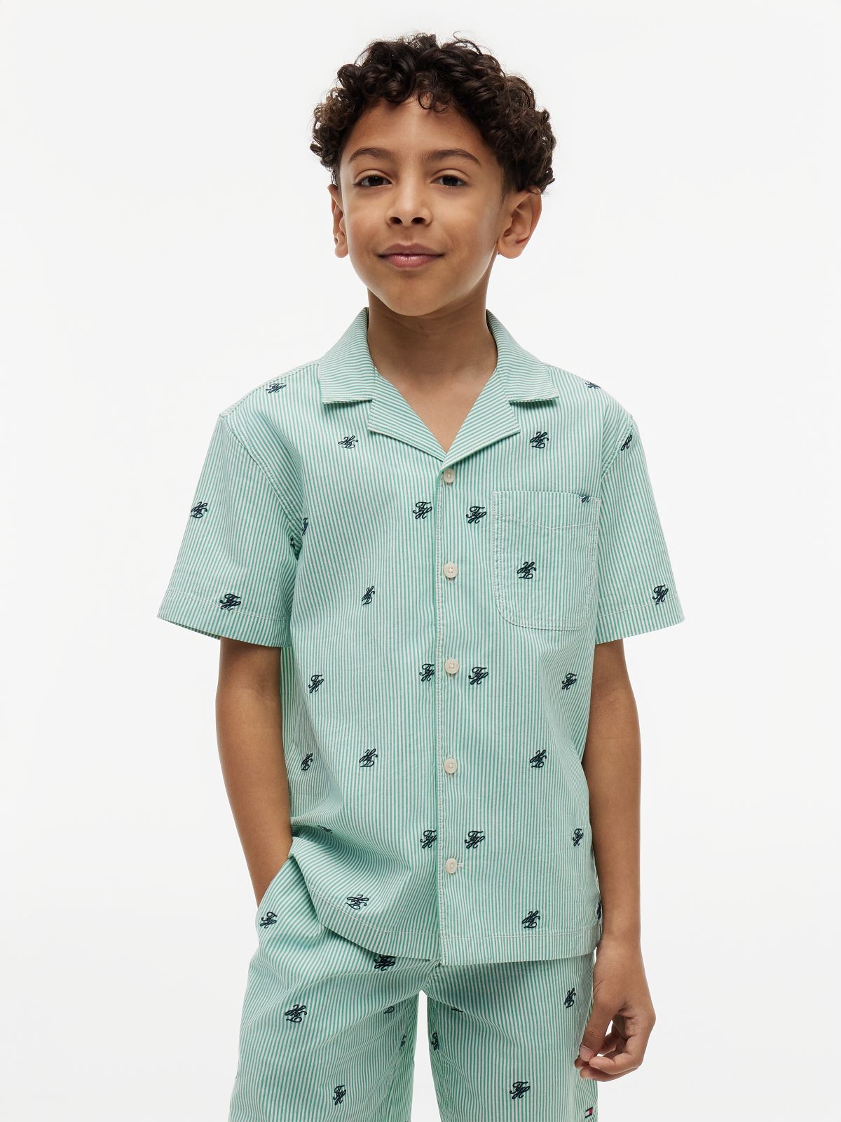 Ithaca Stripe Logo Embroidery Short Sleeve Shirt — Green