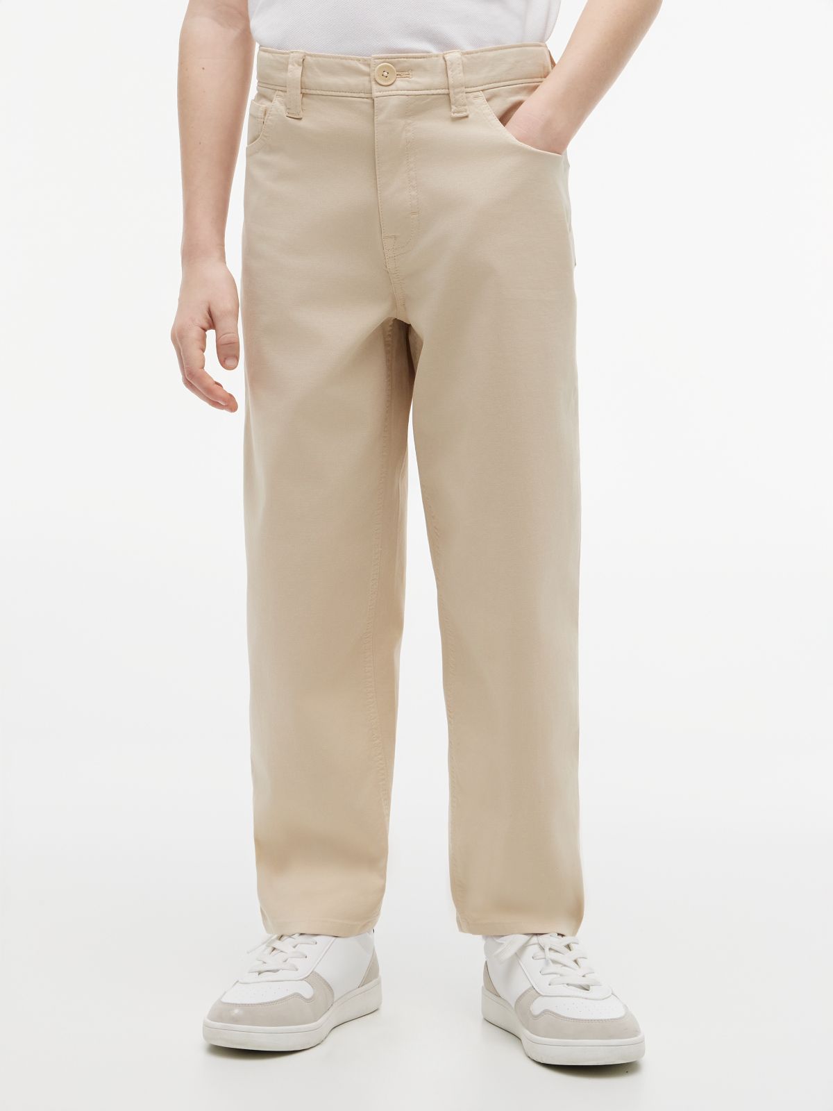 Herringbone Barrel Leg Twill Trousers — Beige