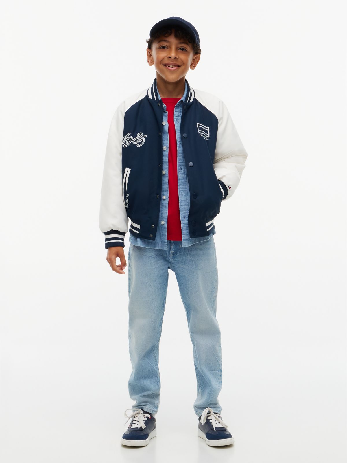 Logo Embroidery Relaxed Bomber Jacket — Blue
