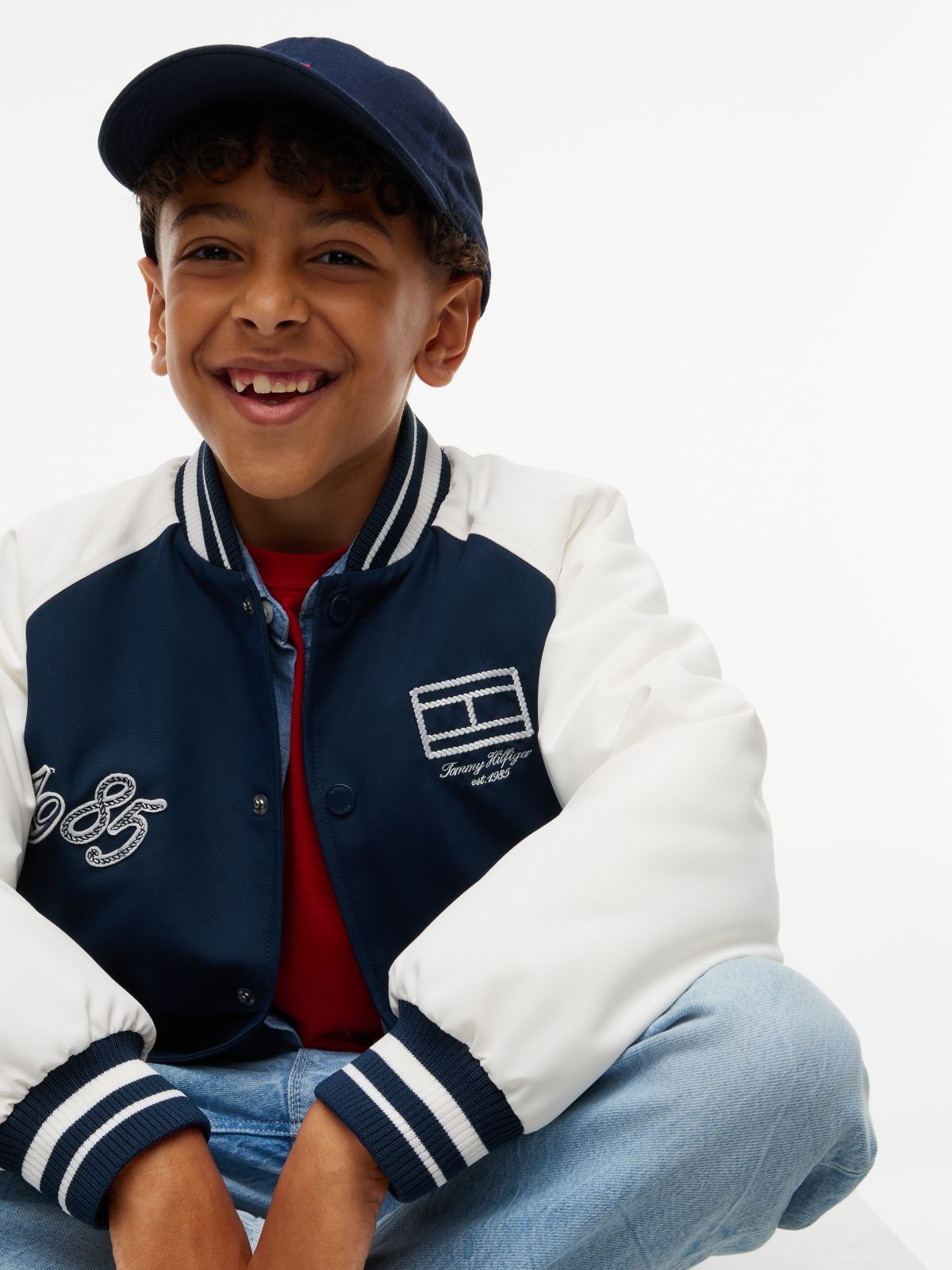Logo Embroidery Relaxed Bomber Jacket — Blue