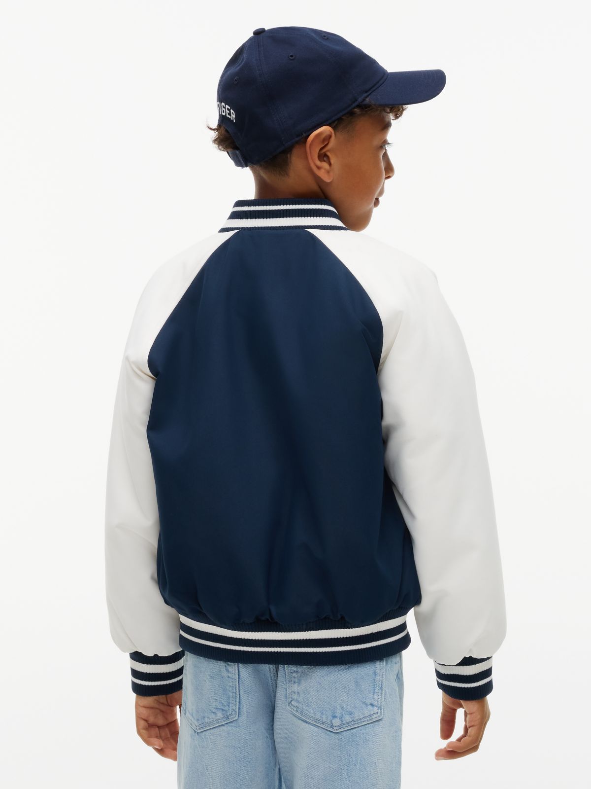 Logo Embroidery Relaxed Bomber Jacket — Blue