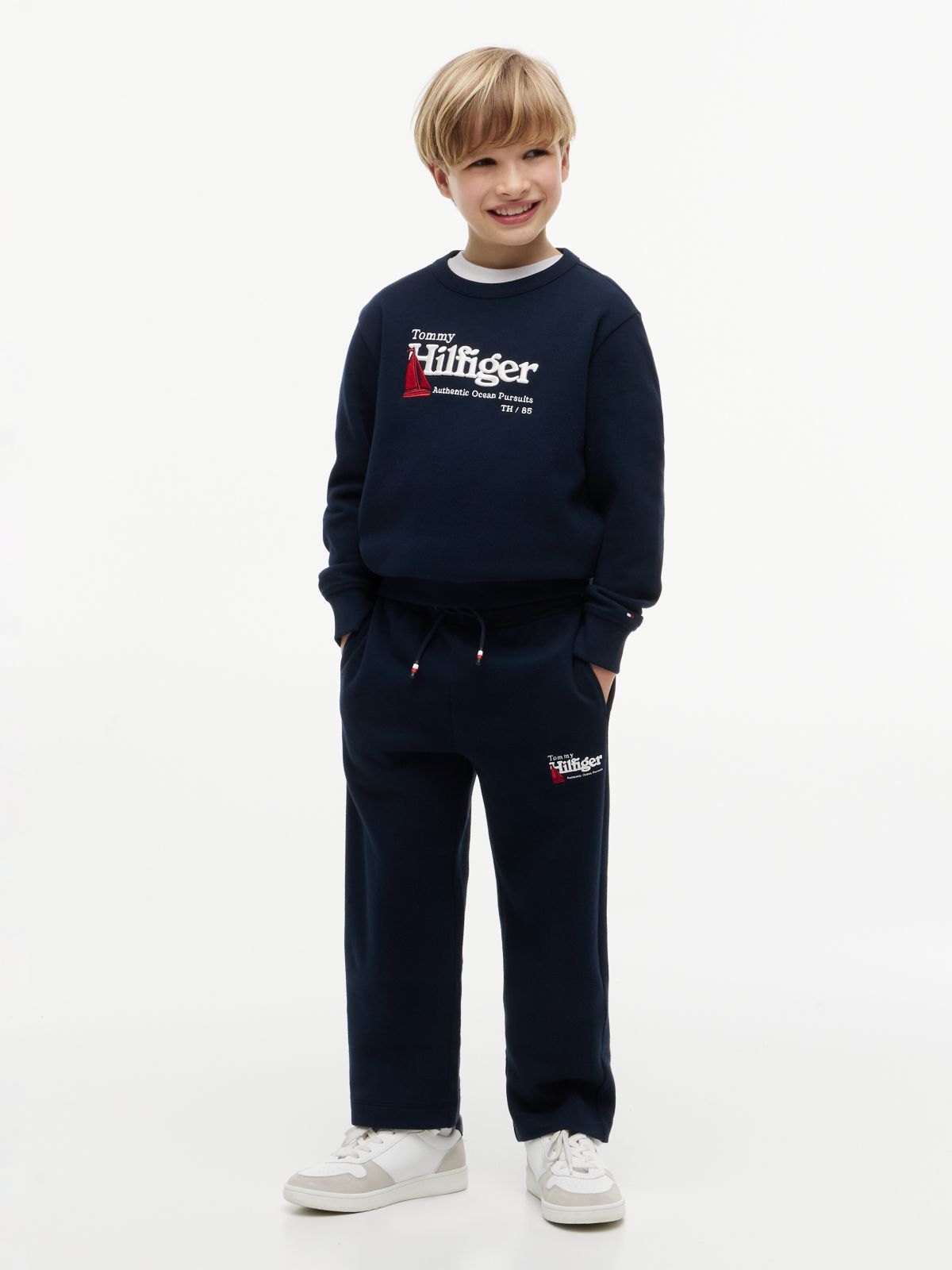 Back Graphic Embroidery Interlock Pique Joggers — Blue