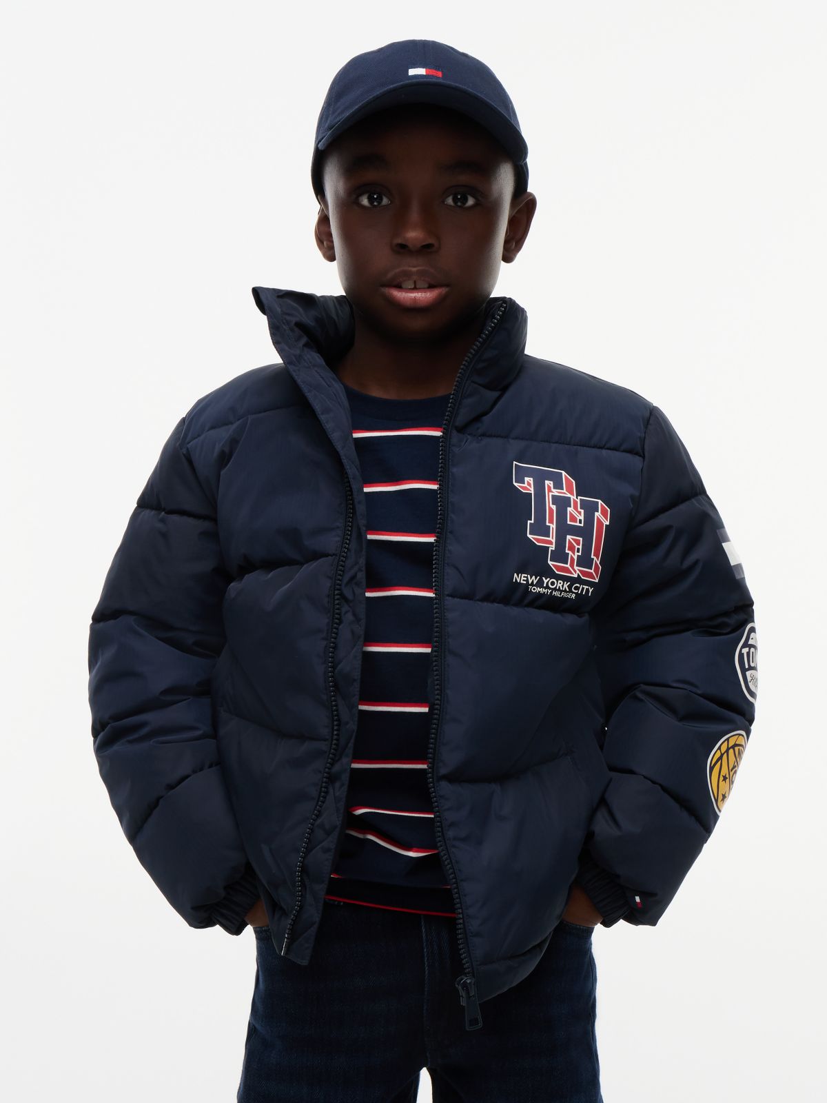 Varsity Logo Relaxed Ripstop Puffer Jacket — Blue