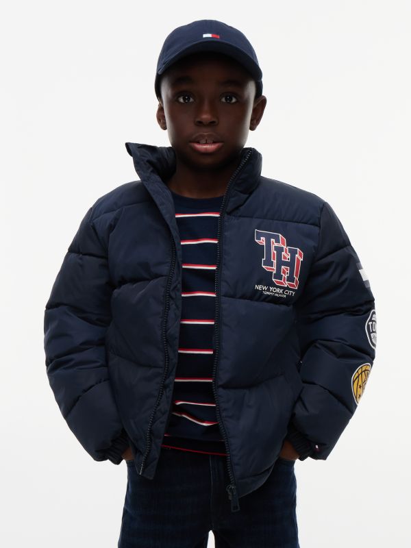 Varsity Logo Relaxed Ripstop Puffer Jacket — Blue