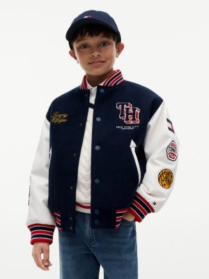 blue bouclé logo embroidery relaxed bomber jacket for boys tommy hilfiger