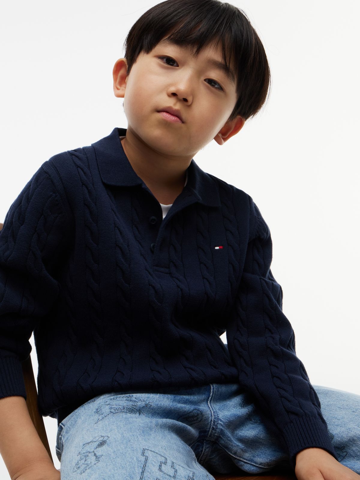 Cable Knit Polo Jumper — Blue