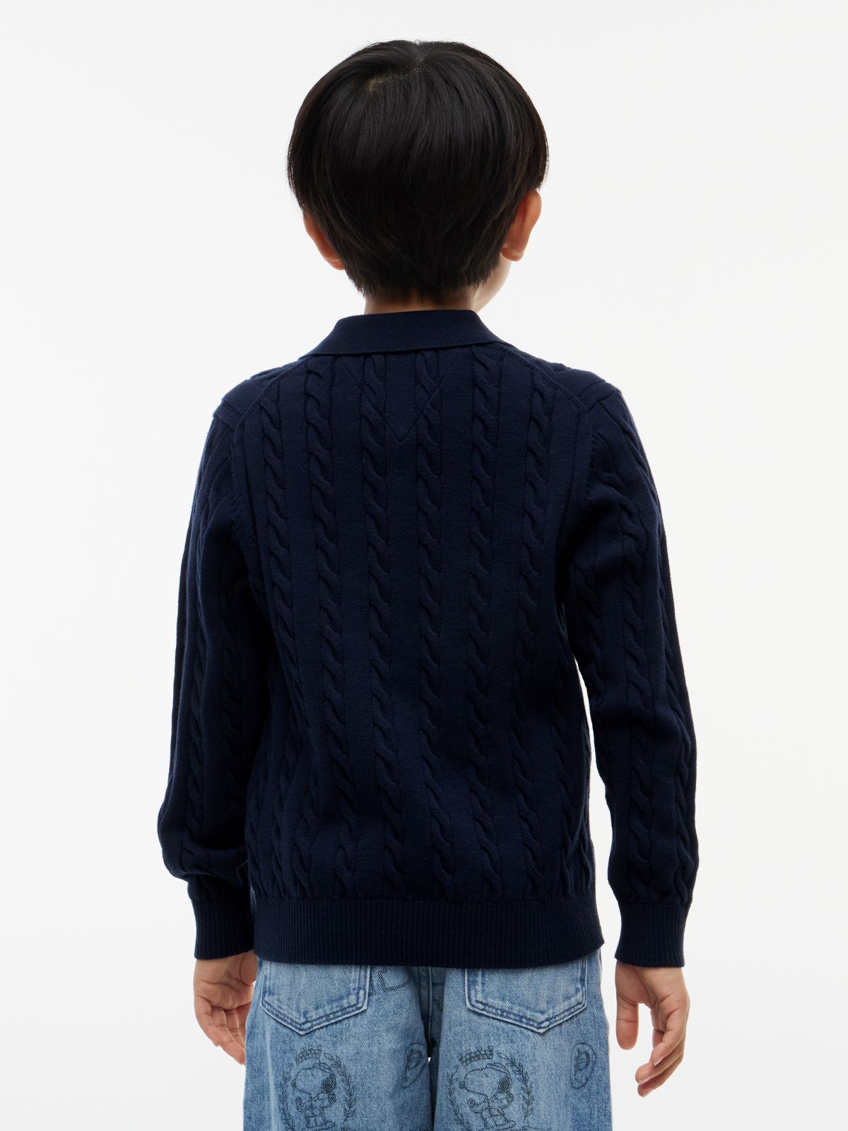 Cable Knit Polo Jumper — Blue
