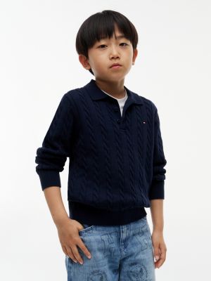 polo en maille torsadée blue pour garçons tommy hilfiger