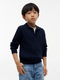 Cable Knit Polo Jumper — Blue 1