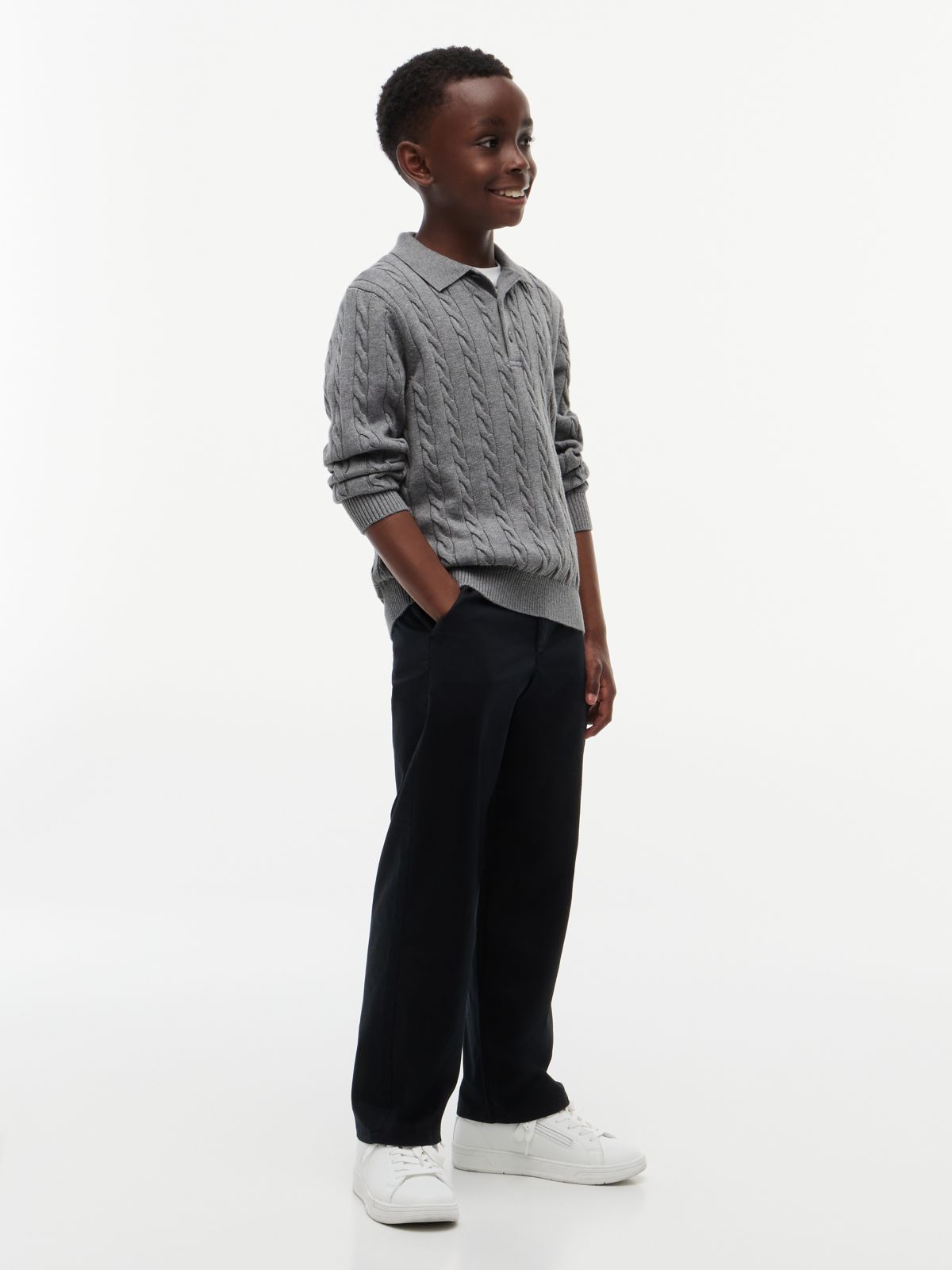 Cable Knit Polo Jumper — Grey