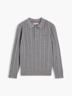 Cable Knit Polo Jumper — Grey 5