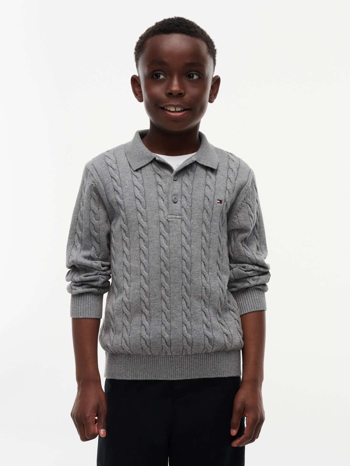 Cable Knit Polo Jumper — Grey