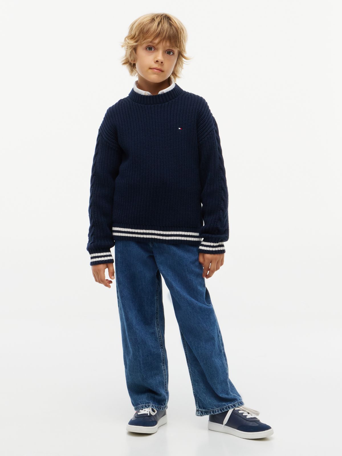Relaxed Cable Knit Sleeve Jumper — Blue