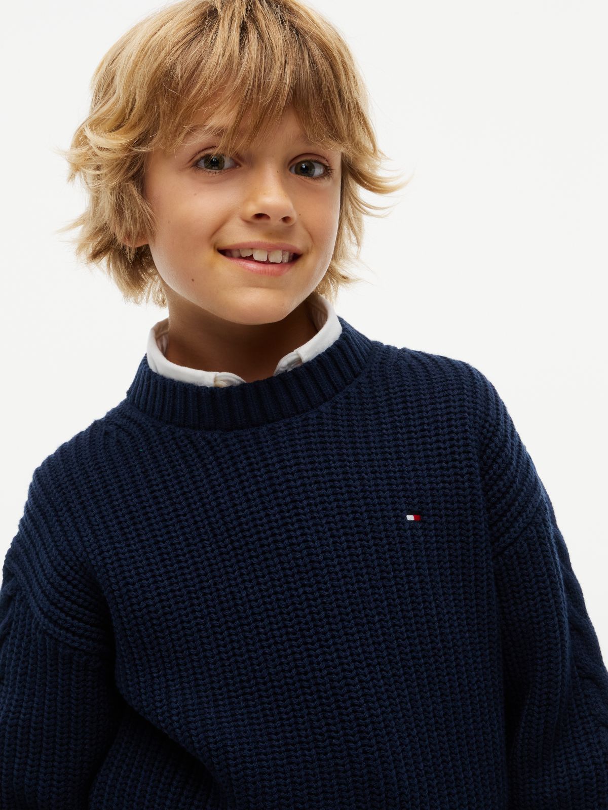 Relaxed Cable Knit Sleeve Jumper — Blue