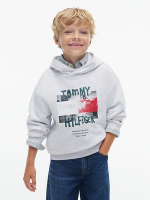 grey fleece hoodie met graffiti-logo voor jongens - tommy hilfiger