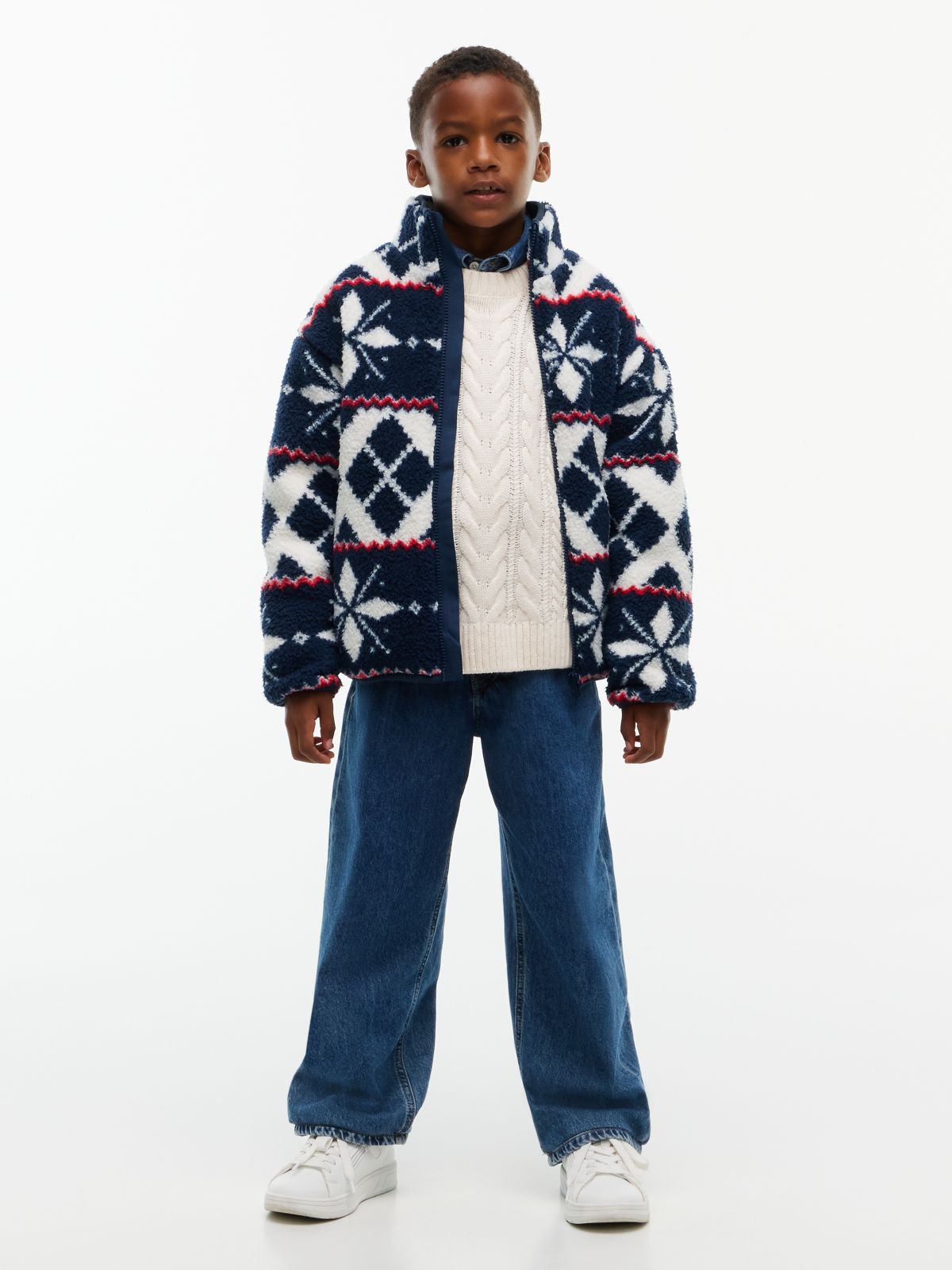 Fair Isle Relaxed Polar Fleece Jacket — White