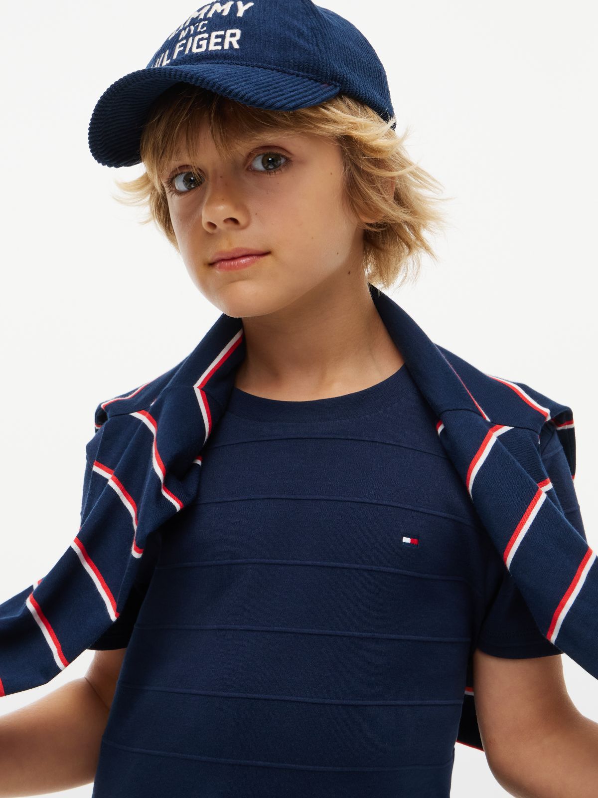 Jacquard Stripe Flag Embroidery T-Shirt — Blue