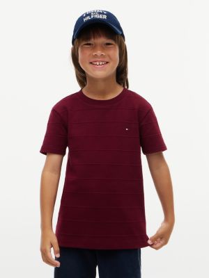 purple t-shirt z wzorem żakardowym w paski i wyhaftowaną flagą dla chłopcy - tommy hilfiger