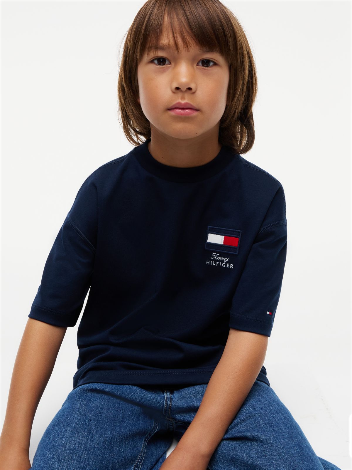 Flag Embroidery Relaxed Crew Neck T-Shirt — Blue