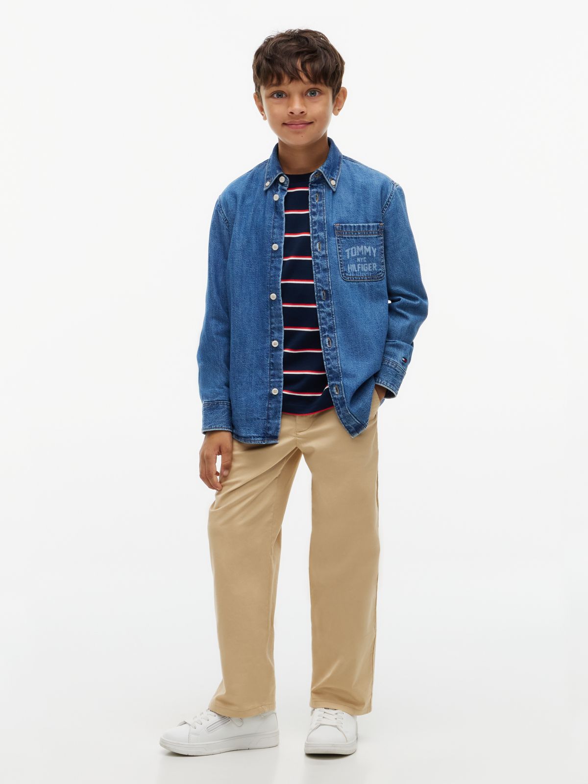 Relaxed Fit Faded Logo Denim Shirt — Denim