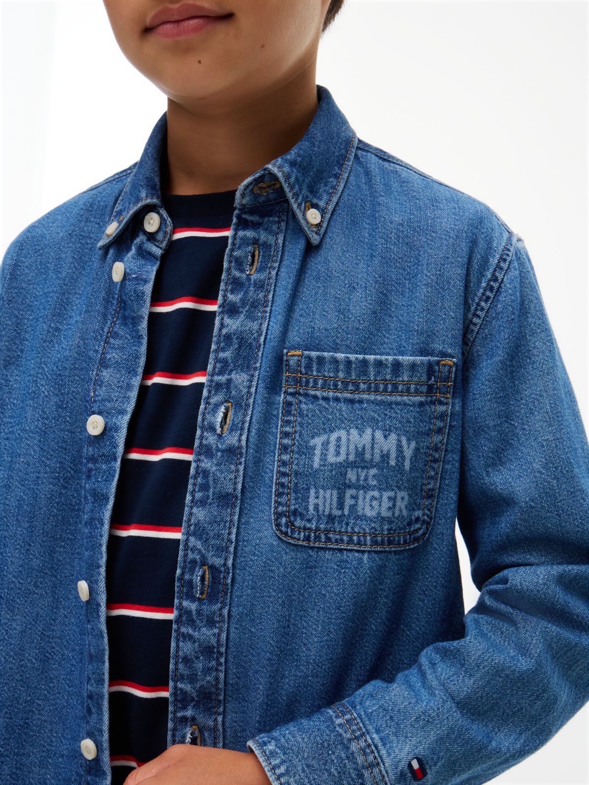 Relaxed Fit Faded Logo Denim Shirt — Denim