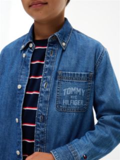 Relaxed Fit Faded Logo Denim Shirt — Denim 3