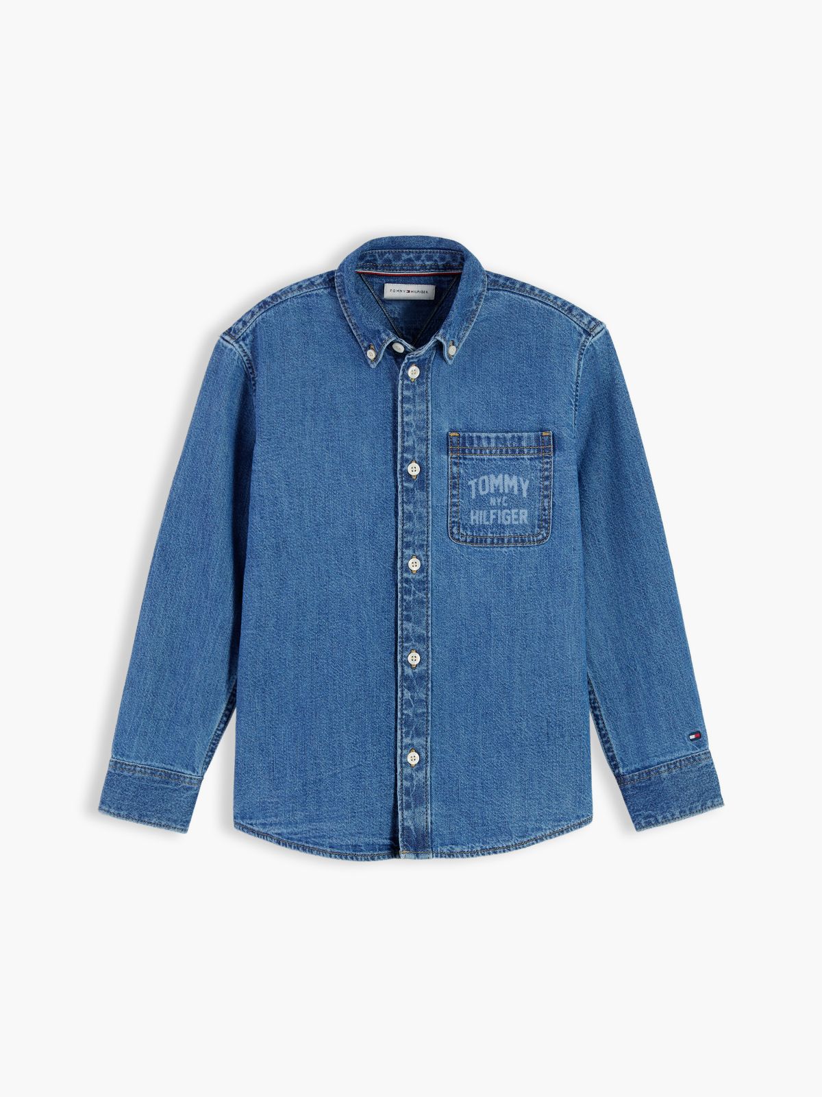 Relaxed Fit Faded Logo Denim Shirt — Denim