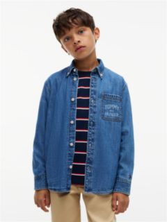 Relaxed Fit Faded Logo Denim Shirt — Denim 1