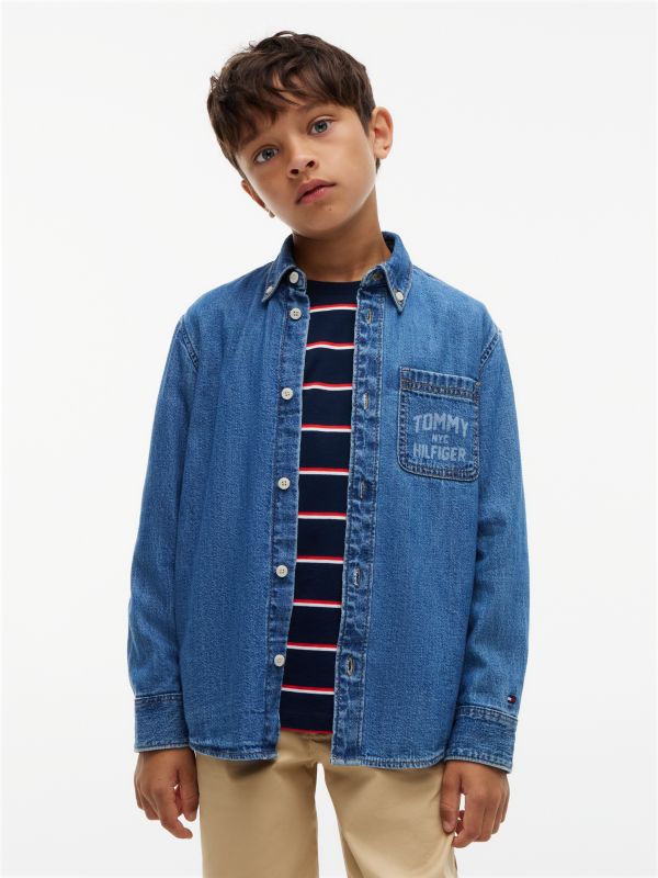 Relaxed Fit Faded Logo Denim Shirt — Denim