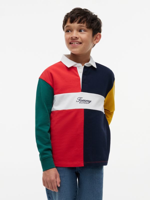 Rugby Stripe Relaxed Long Sleeve Polo Shirt — Red