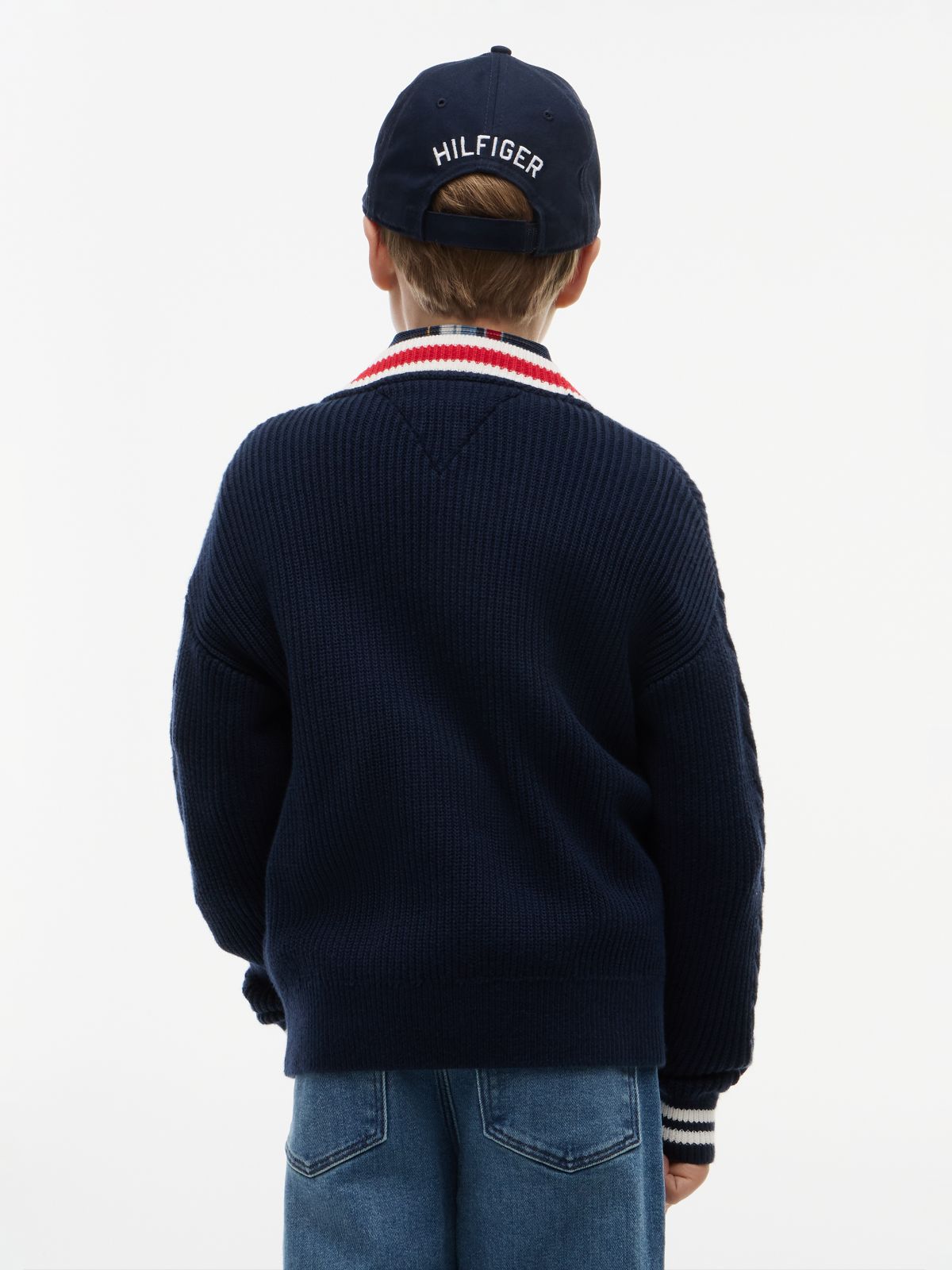 Cable Knit Sleeve Relaxed V-Neck Cardigan — Blue
