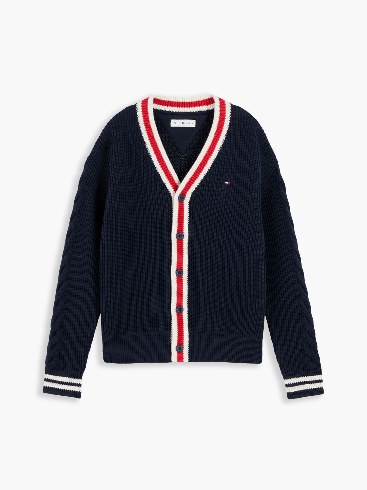 Cable Knit Sleeve Relaxed V-Neck Cardigan — Blue