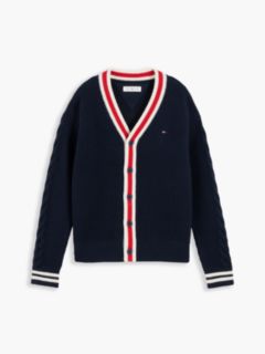 Cable Knit Sleeve Relaxed V-Neck Cardigan — Blue 5