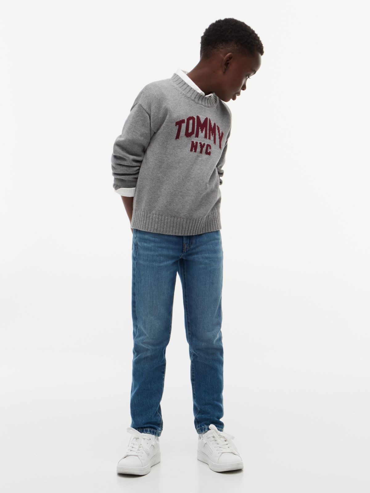 Intarsia Varsity Logo Relaxed Crew Neck Jumper — Grey