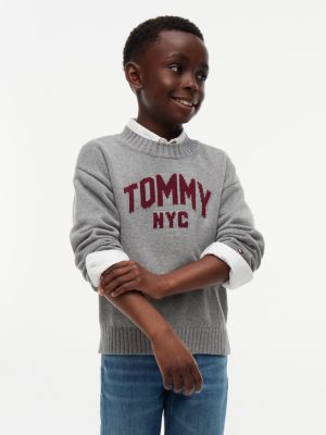 grey intarsia varsity logo crew neck jumper for boys tommy hilfiger