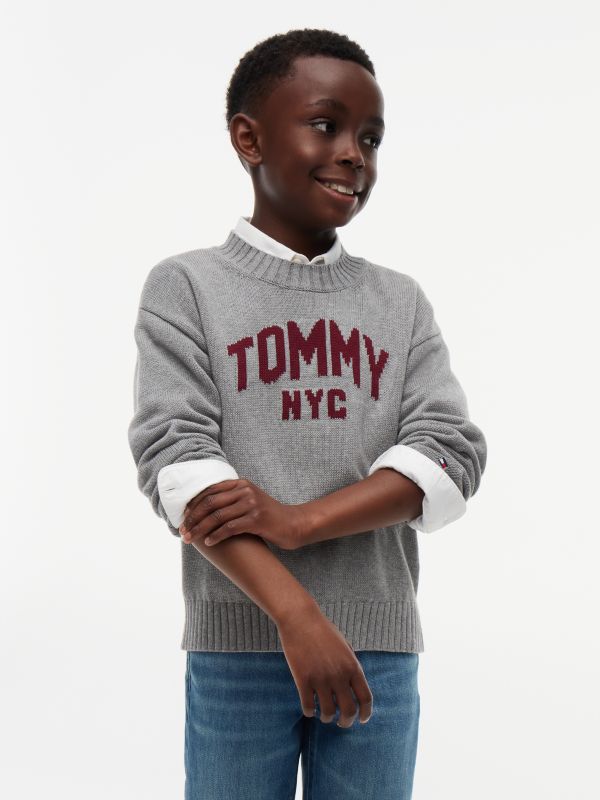 Intarsia Varsity Logo Relaxed Crew Neck Jumper — Grey
