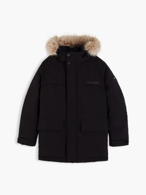 black faux fur hood padded parka for boys tommy hilfiger