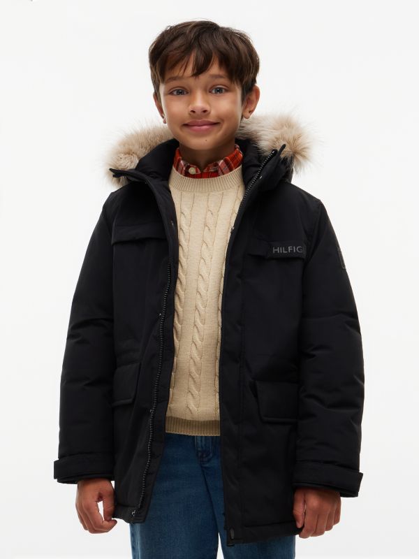 Faux Fur Hood Padded Parka — Black