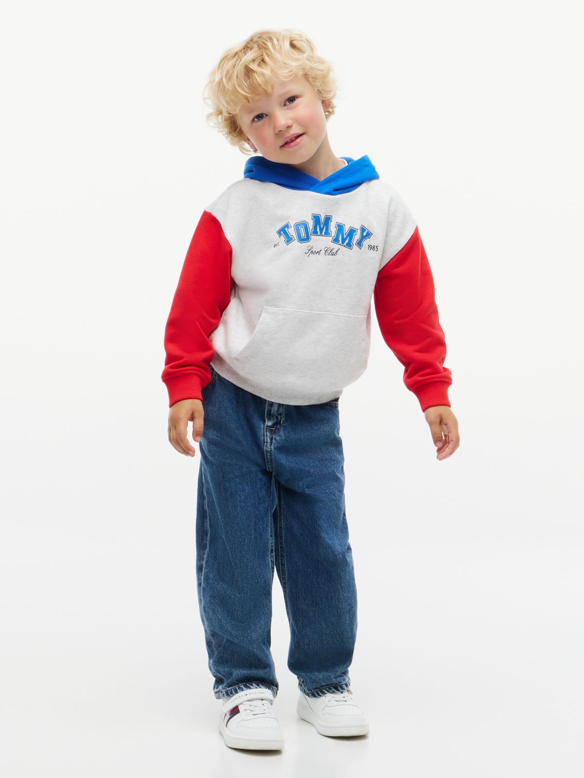 Colour-Blocked Logo Relaxed Terry Hoody — Grey