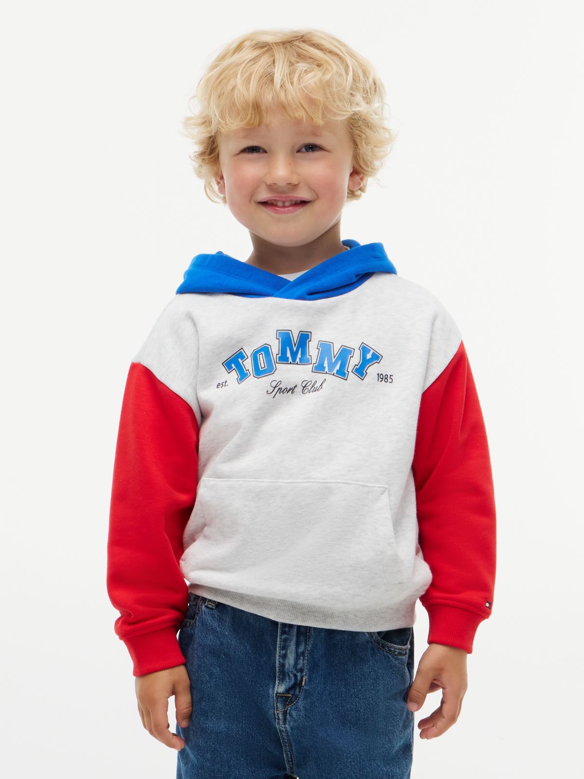 Colour-Blocked Logo Relaxed Terry Hoody — Grey