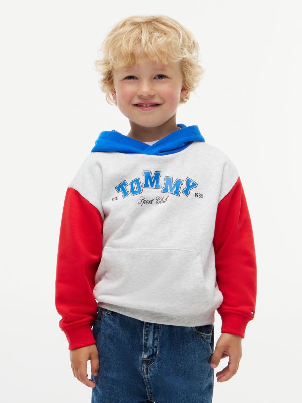 Colour-Blocked Logo Relaxed Terry Hoody — Grey