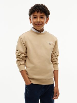 pull à col ras-du-cou, drapeau brodé et logo beige pour garçons tommy hilfiger