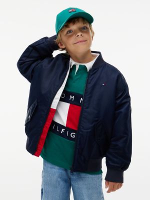 blue wasserabweisende bomberjacke mit rückenlogo für jungen - tommy hilfiger